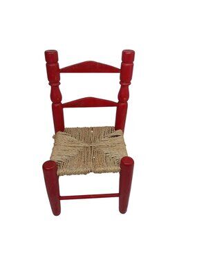 Red Wooden Doll Chair Woven Rope Seat Rustic Style 14 Inches Tall Vintage